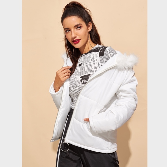 White Hooded Zip Up Puffer Jacket Vegan Fur - Picture 3 of 6